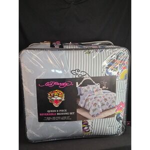 Ed Hardy 8 Piece Queen Reversible Bedding Set Comforter Sheets Blue Tiger Floral